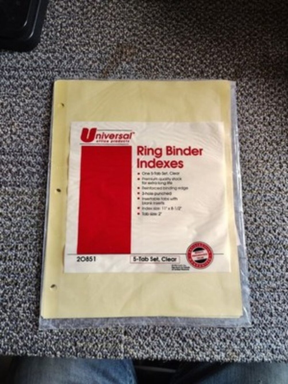 Universal Ring Binder Indexes 3 Hole Punched 11x8.5" 5 Clear Tabs